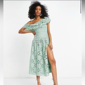 ASOS DESIGN one shoulder midi dress in patched lace in sage